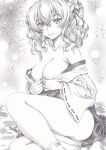  blush breasts cleavage graphite_(medium) japanese_clothes kantai_collection kashima_(kancolle) legs long_hair looking_at_viewer miko mikuro monochrome smile socks solo traditional_media undressing 