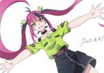 1girl antenna_hair belt black_choker black_hair black_skirt black_tank_top c8sny choker clenched_teeth commentary_request green_eyes green_shirt hair_ornament highres long_hair looking_at_viewer multicolored_hair off-shoulder_shirt off_shoulder outstretched_arms pink_belt pink_hair shadowverse shadowverse_(animated_series) shadowverse_flame shirt short_sleeves sinclair_hina_(shadowverse_flame) skirt smile solo spread_arms tank_top teeth twintails very_long_hair white_background 
