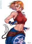  1girl baggy_pants belt black_gloves blonde_hair blue_eyes blue_mary blue_pants breasts crop_top denim fatal_fury fingerless_gloves gloves highres jeans loose_belt midriff open_mouth pants short_hair solo straight_hair superbull164164 the_king_of_fighters the_king_of_fighters_xv 