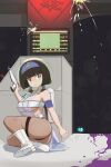  1girl absurdres alien ass bad_source belt_pouch black_hair black_panties black_pantyhose blush breasts cleavage energy_gun explosive grenade grey_alien gun hairband helmet highres holding holding_gun holding_weapon jashin-chan_dropkick large_breasts minos_drawfag panties pantyhose patra_(jashin-chan_dropkick) pouch ray_gun short_hair space_helmet sparks strapless tube_top underwear weapon yellow_eyes 