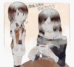  2girls absurdres anniversary artist_name bare_shoulders black_eyes black_hair black_shirt black_shorts black_socks blush border brown_hair choker closed_mouth clothing_cutout collarbone commentary_request cup deformed elbows_on_table fatal_frame fatal_frame:_maiden_of_black_water flying_sweatdrops frilled_sleeves frills gradient_background highres holding holding_tray inset_border kneehighs kozukata_yuuri kurosawa_hisoka long_hair long_sleeves looking_at_another mole mole_under_mouth multiple_girls off-shoulder_shirt off_shoulder orange_background orange_shirt outside_border sabi_(6535841) see-through_clothes see-through_shirt shirt shorts shoulder_cutout smile socks standing steam steaming_cup strapless strapless_shirt table tea teacup thigh_strap translation_request tray white_background white_border white_shirt 