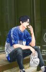  1boy black_hair black_pants black_shoes blue_jacket blurry blurry_background commentary_request donut eating food garbage_time glass_wall grey_eyes hat highres holding holding_unworn_clothes holding_unworn_hat jacket korean_text ng_do168 outdoors pants seong_junsoo shoes short_hair short_sleeves side_part sitting sitting_on_stairs sneakers socks stairs track_jacket unworn_hat unworn_headwear white_hat white_socks 