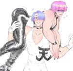  2boys black_jumpsuit black_nails blue_eyes blunt_bangs broad_shoulders brothers carrying carrying_over_shoulder carrying_person commentary english_commentary gloves green_eyes hair_over_one_eye half-closed_eyes highres jumpsuit k4rum4ka looking_at_another male_focus multiple_boys muscular muscular_male panty_&amp;_stocking_with_garterbelt pink_hair polyester_(psg) polyurethane_(psg) purple_hair red_eyes siblings simple_background white_background white_jumpsuit 
