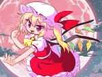  1girl :d ^^^ ascot blonde_hair blush bow clenched_hand cloud collared_shirt commentary_request crystal crystal_wings double-parted_bangs fang flandre_scarlet frilled_shirt_collar frilled_skirt frills from_side full_moon hair_between_eyes hand_up hat hat_bow highres kajiya_no_masa long_hair looking_at_viewer mob_cap moon multicolored_wings night no_nose one-hour_drawing_challenge one_side_up open_mouth outdoors puffy_short_sleeves puffy_sleeves red_bow red_eyes red_moon red_skirt red_vest shirt short_sleeves side_ponytail skirt skirt_set smile solo star_(sky) touhou v-shaped_eyebrows vest white_hat white_shirt wings yellow_ascot 
