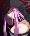  1girl breasts cape fate/grand_order fate_(series) fingernails gradient gradient_background hood hooded_cape large_breasts long_fingernails looking_at_viewer medusa_(fate) medusa_(lancer_alter)_(fate) nikumaki43 purple_hair purple_nails solo yellow_eyes 