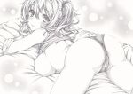  1girl ass breasts clothes_lift graphite_(medium) kantai_collection kashima_(kancolle) legs long_hair looking_at_viewer looking_back lying mikuro monochrome on_stomach panties shirt_lift sideboob solo tank_top traditional_media underwear 