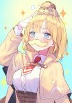  1girl animal_on_head arm_up blonde_hair blue_background blue_eyes blush bob_cut breasts brown_capelet brown_coat brown_hat brown_skirt bubba_(watson_amelia) capelet coat collared_capelet collared_shirt commentary_request covered_mouth deerstalker dog dog_on_head dot_nose double-parted_bangs doyagao facial_hair fake_facial_hair fake_mustache hat high-waist_skirt highres hololive hololive_english long_sleeves looking_ahead medium_breasts medium_hair missing_headwear mustache naname_(7name) necktie on_head plaid_clothes plaid_skirt puff_of_air red_necktie shirt short_hair short_necktie signature skirt smug sparkle sparkle_background two-tone_background underbust upper_body v-shaped_eyebrows variant_set virtual_youtuber watson_amelia watson_amelia_(1st_costume) white_shirt white_trim yellow_background 
