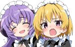  2girls :d ^_^ black_bow black_bowtie black_dress blonde_hair blush bow bowtie closed_eyes dress facing_viewer fang hanyuu highres higurashi_no_naku_koro_ni horns houjou_satoko looking_at_viewer maid maid_headdress multiple_girls niyane open_mouth portrait purple_eyes purple_hair sample_watermark short_hair simple_background skin_fang smile sweatdrop watermark watermark_grid white_background 
