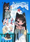  1girl :< absurdres air_bubble animal_ears animalization anklet beamed_eighth_notes black_cat black_eyes black_hair blue_sky blush bracelet brown_jacket bubble cat cat_ears cat_girl cat_tail chibi chibi_inset chocozy_family cloud commentary_request conch coral cumulonimbus_cloud dress eighth_note fish fish_hair_ornament flat_chest hair_ornament hairband hairclip hands_up highres holding jacket jacket_partially_removed jewelry korean_commentary long_hair looking_at_viewer multiple_hairclips multiple_views musical_note necklace no_nose ocean original outdoors parallel_hairclips parted_bangs pearl_necklace person_and_animalization railing red_hairband sand scallop seashell seaweed shade shell shell_to_ear short_dress side_part sky sleeveless sleeveless_dress starfish straight-on straight_hair summer swept_bangs tail treble_clef tsurime umbrella_octopus upper_body very_long_hair waves white_dress 