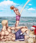 2022 2boys abs alina_james artist_name bara beach black_male_swimwear blonde_hair brown_hair closed_eyes cloud day facial_hair happy_new_year highres large_pectorals looking_at_another lying male_focus male_swimwear multiple_boys muscular muscular_male navel nipples on_side open_mouth outdoors pectorals pink_male_swimwear porco_galliard rainbow reiner_braun sand sand_sculpture shingeki_no_kyojin short_hair sky undercut 