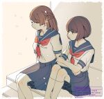  2girls arms_at_sides blue_sailor_collar blue_skirt bob_cut border braid breast_pocket brown_background brown_eyes brown_hair closed_mouth commentary_request crossed_arms falling_petals fatal_frame fatal_frame:_maiden_of_black_water feet_out_of_frame half_up_braid highres himeno_fuyuhi kneehighs knees_up long_hair looking_ahead miniskirt momose_haruka multiple_girls neckerchief outside_border petals pleated_skirt pocket red_neckerchief rounded_corners sabi_(6535841) sailor_collar school_uniform serafuku shade shirt short_hair short_sleeves side-by-side sitting sitting_on_stairs skirt smile socks stairs tearing_up twitter_username watermark white_border white_shirt white_socks 