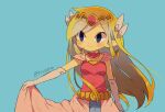  1girl artist_name belt blonde_hair blue_eyes blush dress floating_hair gloves jewelry long_hair multicolored_hair necklace parted_lips pink_dress pink_skirt princess_zelda skirt the_legend_of_zelda the_legend_of_zelda:_spirit_tracks the_legend_of_zelda:_the_wind_waker tokuura 