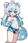  +_+ 1girl :d ahoge blue_eyes blue_hair collarbone cosmo_(user_uzee7273) covered_navel double_bun grey_hair hair_bun hair_ornament highres innertube long_hair looking_at_viewer multicolored_hair open_mouth original smile swim_ring symbol-shaped_pupils transparent white_background 