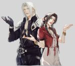  1boy 1girl aerith_gainsborough arm_at_side bangle bangs belt black_gloves black_jacket boooshow bracelet braid braided_ponytail breasts brown_hair chest_strap choker cropped_jacket dress final_fantasy final_fantasy_vii final_fantasy_vii_remake gloves green_eyes grey_background grey_hair hair_behind_ear hair_ribbon high_collar jacket jewelry long_hair long_jacket medium_breasts one_eye_closed open_collar open_mouth parted_bangs pink_dress pink_ribbon red_jacket ribbon sephiroth short_sleeves sidelocks smile upper_body w_arms 