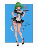  1girl absurdres ahoge apron artist_name black_shoes blue_background blush breasts cleavage commentary curly_hair dress english_commentary enmaided flipped_hair food full_body green_eyes green_hair highres holding holding_tray ice_cream maid medium_breasts medium_hair one-punch_man puffy_short_sleeves puffy_sleeves sato_hagamaki shiny_skin shoes short_hair short_sleeves standing tatsumaki tray waist_apron white_apron white_background wrist_cuffs 