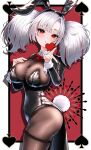  1girl absurdres animal_ears azur_lane black_leotard blowing_kiss blush bodystocking bow bowtie breasts cleavage club_(shape) diamond_(shape) fake_animal_ears fake_tail fluffy_hair hands_up heart highres large_breasts leotard medium_hair multicolored_hair nonokuro_no96 official_alternate_costume parted_lips playboy_bunny prinz_adalbert_(azur_lane) prinz_adalbert_(the_black-and-white_magician)_(azur_lane) rabbit_tail red_bow red_bowtie red_eyes red_hair red_streaks skindentation solo spade_(shape) streaked_hair tail tailcoat tailcoat_playboy_bunny thigh_strap white_hair 