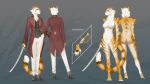  16:9 absurd_res anthro clothed clothed/nude clothing felid female hi_res high_heels mammal melee_weapon model_sheet nude okata pantherine saber solo standing sword thick_thighs tiger weapon widescreen 
