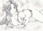  1girl asuna_(sao) bikini blush breasts cleavage flower graphite_(medium) hair_flower hair_ornament legs long_hair looking_at_viewer lying mikuro monochrome on_side on_stomach side-tie_bikini smile solo swimsuit sword_art_online thighs traditional_media very_long_hair 