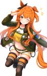  1girl :p blush bomber_jacket boots collarbone commentary_request highres horse_girl jacket kashmir_0808 looking_at_viewer mayano_top_gun_(umamusume) midriff navel one_eye_closed orange_eyes orange_hair salute simple_background solo thighhighs tongue tongue_out umamusume white_background 