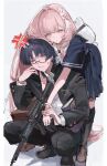  1boy 1girl alternate_costume anger_vein assault_rifle behind_another bent_over bespectacled bishounen black-framed_eyewear black_hair black_jacket black_pants black_serafuku black_shoes black_skirt black_sleeves black_socks blunt_ends brown_shoes character_request cheek_press closed_mouth collared_shirt commission contemporary couple eyelashes eyeliner full_body gakuran genshin_impact glasses gun hair_intakes hair_ornament hair_ribbon hand_up hetero highres hl38012 holding_another's_wrist hug hug_from_behind jacket kneehighs layered_sleeves leaning_forward long_hair long_sleeves looking_at_viewer m16 makeup medium_skirt neckerchief oc_x_canon open_clothes open_collar open_jacket open_mouth original pants pink_eyes pink_hair pleated_skirt purple_eyes rectangular_eyewear red_eyeliner ribbon rifle sailor_collar scaramouche_(genshin_impact) school_uniform second-party_source semi-rimless_eyewear serafuku shirt shoes short_sleeves skirt socks squatting tsurime undershirt very_long_hair weapon weapon_request white_background white_mouth white_neckerchief white_ribbon white_sailor_collar white_shirt white_sleeves white_trim white_wings wing_hair_ornament wings wispy_bangs 