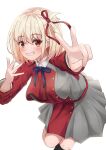  1girl belt black_socks blonde_hair blue_ribbon blush bob_cut breasts collared_shirt commentary double_v dress grey_dress grin hair_ribbon highres kneehighs komugirakko leaning_forward long_sleeves looking_at_viewer lycoris_recoil lycoris_uniform neck_ribbon nishikigi_chisato one_side_up pleated_dress red_belt red_dress red_eyes red_ribbon ribbon shirt short_hair simple_background smile socks solo standing teeth two-tone_dress v white_background white_shirt 