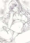  1girl atago_(kancolle) bikini bikini_bottom_pull blush breasts cleavage covered_nipples flower graphite_(medium) hair_flower hair_ornament kantai_collection long_hair looking_at_viewer lying mikuro monochrome navel on_back side-tie_bikini solo swimsuit traditional_media water 