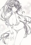  1girl bangle bikini blush bracelet breasts cleavage flower graphite_(medium) hair_flower hair_ornament jewelry kantai_collection leaning_forward legs long_hair looking_at_viewer mikuro monochrome navel side-tie_bikini smile solo swimsuit traditional_media very_long_hair yamato_(kancolle) 