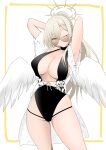  1girl absurdres armpits arms_behind_head aviator_sunglasses black_one-piece_swimsuit blue_archive breasts brown-tinted_eyewear cleavage commentary_request feathered_wings halo highres kagerou_rakugaki large_breasts long_hair low_wings nagisa_(blue_archive) nagisa_(swimsuit)_(blue_archive) official_alternate_hairstyle one-piece_swimsuit ponytail smile solo sunglasses swimsuit tinted_eyewear white_background white_wings wings 