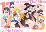  6+girls :d ;d ^_^ absurdres ahoge animal_ear_headwear ayachi_nene ayachi_nene_(witch) belt belt_bra belt_collar black_boots black_cape black_dress black_hair black_hat black_jacket blonde_hair blue_eyes blue_hair blue_scrunchie blue_skirt blush boots border bow breasts brown_boots brown_hair cape charo_(meme) chibi chibi_inset cleavage closed_eyes closed_mouth collar collared_shirt commentary_request company_connection copyright_name crossover detached_sleeves dress eating floating_hair food full_body green_hair grey_hair grey_sailor_collar grey_skirt grin guitar gun hair_bow hair_ornament hair_ribbon hair_scrunchie hakutocake hammer hand_on_own_hip hand_up handgun handheld_game_console hat highres holding holding_guitar holding_gun holding_hammer holding_handheld_game_console holding_instrument holding_mop holding_weapon inaba_meguru index_finger_raised instrument jacket jewelry kanemoto_akari kariya_wakana kunihiro_hinata lace-up_boots large_breasts long_hair long_sleeves looking_at_another looking_at_viewer low-tied_long_hair lying maid maid_headdress masamune_shizuru medium_hair meme miniskirt mop multiple_girls nagamitsu_maya necklace necktie nintendo_3ds noble_works noodles on_stomach one_eye_closed one_side_up open_mouth orange_hair outline outside_border pink_background pink_belt pink_cape pink_hair plaid_clothes plaid_skirt pleated_skirt polka_dot polka_dot_background ponytail purple_eyes ramen red_eyes red_necktie ribbon sailor_collar sanoba_witch scarf school_uniform scrunchie serafuku shiiba_tsumugi shiiba_tsumugi_(witch) shirt sidelocks simple_background single_thighhigh skirt smile standing star_(symbol) straight_hair striped_clothes striped_dress striped_thighhighs sweater thighhighs thighs togakushi_touko tress_ribbon tsukiyama_sena twintails two-sided_cape two-sided_fabric two_side_up v v-shaped_eyebrows vertical-striped_clothes vertical-striped_dress very_long_hair weapon white_border white_bow white_hat white_jacket white_outline white_ribbon white_shirt white_sweater white_thighhighs wide_sleeves witch witch_hat yellow_bow yellow_eyes yellow_scarf yuzusoft zettai_ryouiki 