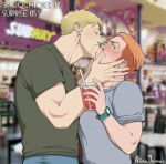  2boys alina_james artist_name blonde_hair blurry blurry_background blush brown_hair closed_eyes couple cup disposable_cup drinking_straw facial_hair green_shirt grey_shirt highres holding holding_cup kiss large_pectorals male_focus multiple_boys muscular muscular_male pectorals porco_galliard reiner_braun shingeki_no_kyojin shirt surprise_kiss surprised undercut upper_body watch wristwatch yaoi 