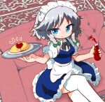  1girl apron back_bow black_bow black_bowtie blue_eyes blue_skirt blue_vest blush bottle bow bowtie braid breasts closed_mouth collared_shirt commentary_request couch crossed_legs feet_out_of_frame food frilled_skirt frills from_above green_bow grey_hair hands_up heart heart-shaped_food highres holding holding_bottle holding_tray indoors izayoi_sakuya kajiya_no_masa ketchup ketchup_bottle looking_at_viewer maid maid_headdress medium_breasts no_nose notice_lines omelet omurice on_couch one-hour_drawing_challenge puffy_short_sleeves puffy_sleeves shirt short_hair short_sleeves sitting skirt smile solo split_mouth thighhighs touhou tray twin_braids vest waist_apron white_bow white_thighhighs zettai_ryouiki 