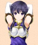 1girl armor armpits arms_up ashita_yaru ayra_(fire_emblem) bangs black_hair breastplate commentary_request dress elbow_gloves fire_emblem fire_emblem:_genealogy_of_the_holy_war gloves long_hair looking_at_viewer orange_background purple_dress purple_eyes smile solo upper_body white_gloves 