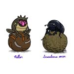  alt_text animal_focus ball beetle bug character_name closed_mouth commentary dung_beetle english_commentary half-closed_eyes highres ketrinadrawsalot looking_at_another no_humans pokemon pokemon_(creature) poop rellor scarab scientific_name shadow simple_background white_background 