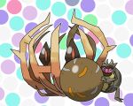  badlandsloop ball bramblin brown_sclera colored_sclera commentary dotted_background english_commentary highres no_humans open_mouth outline pokemon pokemon_(creature) pokemon_focus red_eyes rellor trait_connection white_outline 