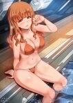  1girl aquaegg bikini blush breasts brown_eyes cleavage collarbone eyebrows_hidden_by_hair girls_und_panzer highres indoors large_breasts long_hair looking_at_viewer navel open_mouth orange_bikini orange_hair pool shiny shiny_hair shiny_skin smile solo swimsuit takebe_saori window 