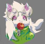  1boy apple commentary deltarune english_commentary eyewear_on_head floppy_ears food food_in_mouth fruit furry furry_male glasses goat_horns green_jacket grey_background horns jacket looking_to_the_side male_focus pink_eyes pink_horns ralsei round_eyewear sparkling_eyes symbol-shaped_pupils utdr_(toby_fox) white_fur zango77 