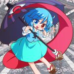  1girl aqua_skirt blue_eyes blue_hair blue_vest closed_mouth commentary_request day foot_out_of_frame geta heterochromia highres holding holding_umbrella juliet_sleeves kajiya_no_masa karakasa_obake light_blush long_sleeves long_tongue looking_at_viewer no_nose notice_lines one-hour_drawing_challenge open_mouth outdoors pointing pointing_at_self puffy_sleeves purple_umbrella red_eyes shirt short_hair skirt smile solo tatara_kogasa tongue tongue_out touhou tsukumogami umbrella very_long_tongue vest white_shirt 