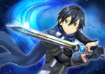  1boy abstract_background amaki_ren armor asukamama89 black_armor black_background black_coat black_gloves black_hair black_shirt blue_background blue_scarf chest_guard closed_mouth coat commentary_request double-parted_bangs elbow_gloves gloves grey_eyes hair_between_eyes highres holding holding_sword holding_weapon kirito legendary_sword_(small_sword)_(tate_no_yuusha_no_nariagari) legendary_sword_(tate_no_yuusha_no_nariagari) looking_at_viewer male_focus matsuoka_yoshitsugu messy_hair multicolored_coat open_clothes open_coat pauldrons scarf shirt short_hair shoulder_armor single_pauldron smile solo spiked_pauldrons spikes split_mouth sword sword_art_online tate_no_yuusha_no_nariagari trait_connection two-tone_coat upper_body v-shaped_eyebrows voice_actor_connection weapon white_coat yellow_trim 