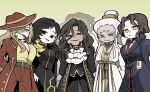  6+girls binah_(project_moon) black_eyes blue_eyes brown_eyes carmen_(project_moon) chinese_clothes cigar dark-skinned_female dark_skin dias_(project_moon) evil_smile fedora hair_ornament hair_over_one_eye hanfu hat hermann_(project_moon) highres jia_mu_(project_moon) kojocho05 limbus_company lobotomy_corporation long_hair multiple_girls necktie project_moon red_necktie short_hair smile the_distortion_detective transparent valencina_(project_moon) very_long_hair white_hair yellow_eyes 