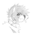  blep canid cheek_tuft collar exclamation_point eyebrows facial_tuft fangs glistening glistening_eyes glistening_nose hair hi_res inner_ear_fluff kaden_(princelykaden) male mammal messy_hair monochrome princelykaden simple_background solo spiked_collar spikes tongue tongue_out tuft 