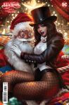  1boy 1girl arm_around_neck beard black_hair black_jacket black_tailcoat bow candy candy_cane christmas comic_cover commentary copyright_name cover cover_page crossed_legs dc_comics derrick_chew facial_hair fishnet_leotard fishnets food full_beard glasses gloves hat highres jacket leotard long_hair looking_at_viewer magician magician's_wand old old_man purple_lips santa_claus santa_costume santa_hat shirt sitting sitting_on_lap sitting_on_person thick_beard top_hat vest waistcoat white_beard white_bow white_gloves white_shirt zatanna_zatara 