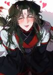  1boy :p animal_collar animal_ears black_hair black_hanfu blood blood_splatter blush chinese_clothes closed_eyes coat collar commentary_request curtained_hair dirty dirty_face dog_boy dog_ears dog_tail facing_viewer from_above hands_on_lap hanfu heart kemonomimi_mode korean_commentary layered_sleeves long_sleeves luo_binghe male_focus own_hands_together parted_bangs sitting solo spiked_collar spikes tail the_scum_villain's_self-saving_system tongue tongue_out white_background white_coat wide_sleeves yun_cgg zuiyin 