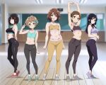  5girls :d ahoge alternate_costume aqua_shoes aqua_sports_bra armpits arms_behind_back arms_up ass bare_arms black_hair black_pants black_sports_bra blurry blurry_background bob_cut bow breasts brown_hair chalkboard classroom closed_mouth collarbone day depth_of_field flat_chest from_side full_body grey_sports_bra groin hair_bow hair_ornament hairclip heel_up hibike!_euphonium highres hisaishi_kanade indoors interlocked_fingers katou_hazuki kawashima_sapphire kitauji_quartet kousaka_reina long_hair looking_at_viewer medium_breasts midriff multiple_girls navel open_mouth oumae_kumiko own_hands_together pants pixie_cut purple_eyes purple_pants purple_shoes red_eyes red_shoes sbel02 shadow shoes short_hair small_breasts smile sports_bra standing stomach straight_hair stretching v white_shoes wooden_floor yellow_eyes yellow_pants yellow_sports_bra yoga_pants 