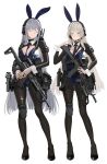  2girls absurdres ak-12 ak-12_(girls'_frontline) alternate_costume ammunition_pouch an-94 an-94_(girls'_frontline) animal_ears aqua_eyes assault_rifle between_breasts black_pantyhose black_shoes blonde_hair blue_leotard blue_necktie breasts cleavage closed_eyes closed_mouth clothes_between_breasts detached_collar fake_animal_ears flag_patch fte_(fifteen_199) full_body girls'_frontline glock gp-30 grenade_launcher grey_hair gun handgun headset highres holding holding_gun holding_weapon holster holstered kalashnikov_rifle leotard long_hair long_sleeves looking_at_viewer magazine_(weapon) medium_breasts multiple_girls necktie necktie_between_breasts pantyhose patch playboy_bunny pouch rabbit_ears rifle russian_flag shoes shrug_(clothing) simple_background smile standing strapless strapless_leotard tactical_playboy_bunny thigh_holster torn_clothes torn_pantyhose trigger_discipline underbarrel_grenade_launcher very_long_hair weapon white_background wrist_cuffs 