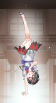 1girl arrow_print back_bow black_hair bow bowtie brown_sandals chinese_commentary commentary_request cone_horns dress full_body grey_horns highres horns kijin_seija kori_morri leg_up looking_at_viewer multicolored_hair puffy_short_sleeves puffy_sleeves purple_bow purple_bowtie red_eyes red_streaks sandals short_sleeves small_horns smile solo streaked_hair toes tongue tongue_out touhou upside-down white_dress white_streaks 