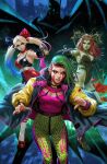  1boy 3girls bare_shoulders batman batman_(series) blonde_hair blue_hair bodysuit breasts colored_skin comic_cover cover cover_page crossbow dc_comics derrick_chew facepaint grappling_gun green_hair green_leotard green_pants green_skin harley_quinn highres jacket large_breasts leaf_leotard leotard miracle_molly multicolored_bodysuit multicolored_hair multicolored_jacket multiple_girls pants pink_hair pink_shirt poison_ivy print_pants red_hair shirt signature sleeveless sleeveless_bodysuit socks textless_cover_page textless_version twintails weapon white_socks 