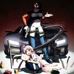  2girls absurdly_long_hair ahoge black_hair car evil_smile green_eyes gun h&amp;k_psg1 handgun holding holding_gun holding_weapon katana knife koumori_kuroko lamborghini_murcielago long_hair looking_at_viewer machine_gun motor_vehicle multiple_girls murcielago official_art open_mouth pants pink_hair promotional_art rifle second-party_source shoes smile sniper_rifle stuffed_animal stuffed_rabbit stuffed_toy sword toy_car tozakura_hinako very_long_hair weapon 