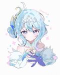  1girl bare_shoulders biko0205 blue_hair bridal_gauntlets closed_mouth collar colored_extremities commentary_request cropped_torso detached_collar genshin_impact grey_eyes headband highres interlocked_fingers light_frown looking_at_viewer odette_(genshin_impact) own_hands_together short_hair_with_long_locks sidelocks simple_background solo sparkling_eyes twitter_username white_background white_bridal_gauntlets white_collar white_headband 