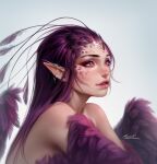  1girl aleriia_v artist_name ear_piercing earrings english_commentary eyeshadow feathered_wings feathers hair_slicked_back harpy highres jewelry long_hair looking_away makeup monster_girl nude original parted_lips piercing pointy_ears purple_eyes purple_eyeshadow purple_feathers purple_wings simple_background solo tiara white_background winged_arms wings 