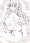  1girl ass atago_(kancolle) bangle bikini blush bracelet breasts graphite_(medium) greyscale holding holding_clothes holding_swimsuit jewelry kantai_collection long_hair looking_at_viewer looking_back mikuro monochrome side-tie_bikini sideboob sitting solo swimsuit thighs traditional_media untied untied_bikini wariza water 